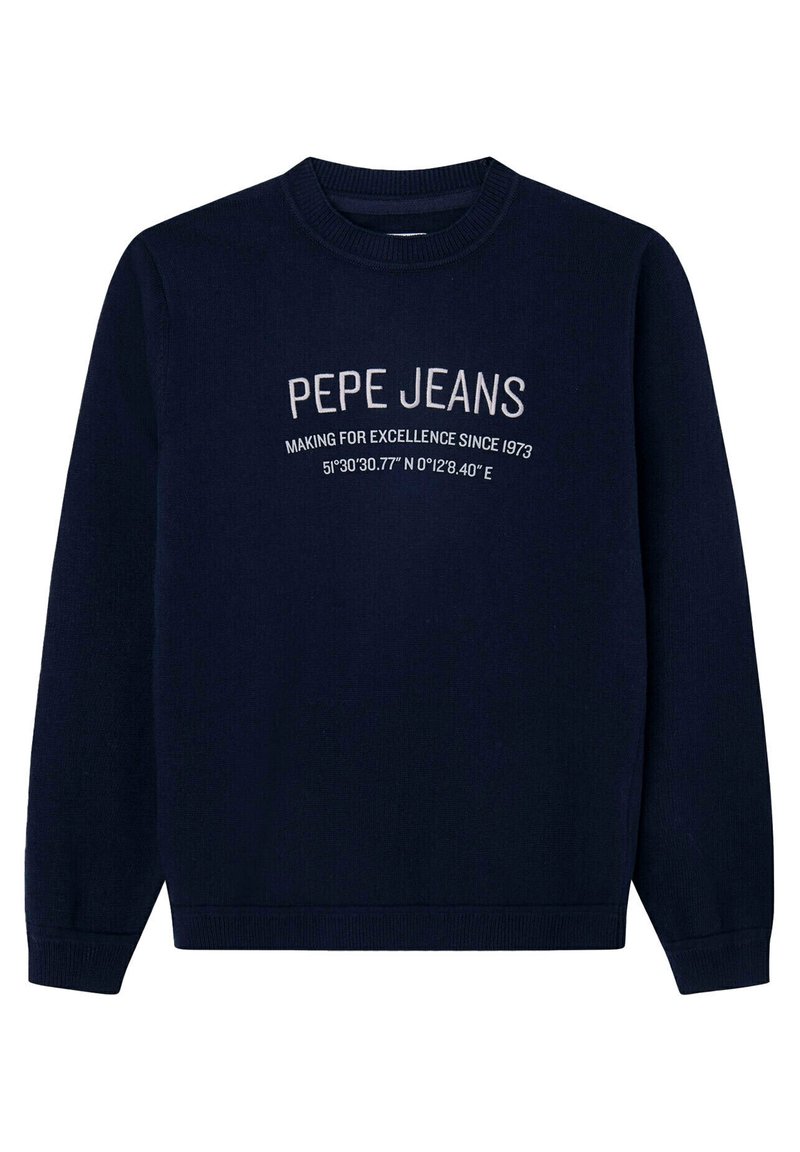 Granatowy sweter z dzianiny, z okrągłym dekoltem i długimi rękawami. Z przodu napis z logo oraz współrzędnymi geograficznymi.