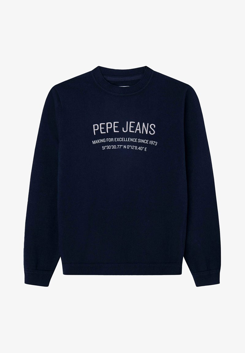 Granatowy sweter z dzianiny, z okrągłym dekoltem i długimi rękawami. Z przodu napis z logo oraz współrzędnymi geograficznymi.