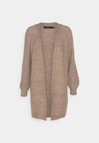 Långärmad cardigan i mjukt beige stickat tyg, öppen framsida, ribbad textur och ballongärmar med avslappnad passform.