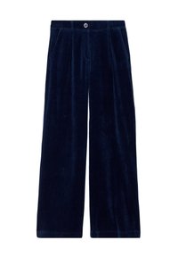 Navyblauwe corduroy broek met wijde pijpen, voorzien van een knoopsluiting en twee zakken aan de voorkant. Verticale ribbelstructuur over de gehele lengte.