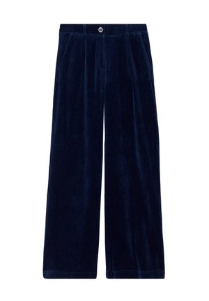 Dunkelblaue Cordhosen mit weitem Bein, ausgestattet mit einem knöpfigen Bund und zwei Fronttaschen. Vertikale gerippte Struktur über die gesamte Hose.