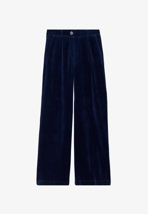 Dunkelblaue Cordhosen mit weitem Bein, ausgestattet mit einem knöpfigen Bund und zwei Fronttaschen. Vertikale gerippte Struktur über die gesamte Hose.