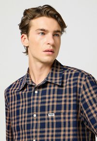 Blauw en bruin geruit overhemd met een knoopsluiting, met een kraag en een klein logo op de borstzak. De stof lijkt zacht.
