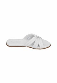 White slip-on sandal with a flat sole, featuring crossed straps and subtle metallic accents. Smooth texture and rounded design.