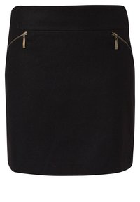 Svart mini kjol med en mjuk struktur, rak silhuett och två dragkedjefickor med guldfärgad hårdvara.