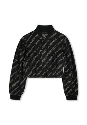 Veste bomber échancrée en noir avec le texte "Karl Lagerfeld" en blanc répété. Elle présente un col côtelé et des manches à revers, fabriquée à partir d'un tissu texturé.
