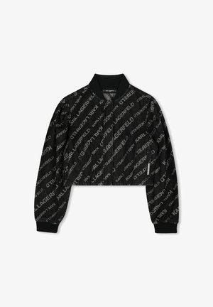 Geschoren bomberjack in het zwart met herhaalde witte "Karl Lagerfeld" tekst. Beschikt over een ribgebreide kraag en manchetten, gemaakt van textuurstof.