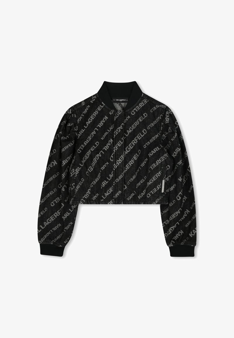 Geschoren bomberjack in het zwart met herhaalde witte "Karl Lagerfeld" tekst. Beschikt over een ribgebreide kraag en manchetten, gemaakt van textuurstof.