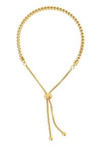 Collana a catena in tono oro con design flessibile. Dotata di chiusura e perla scorrevole per lunghezza regolabile, con delicate catene pendenti.