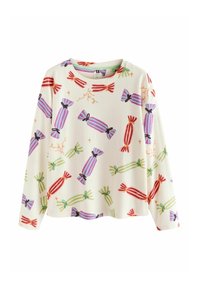 Gestreiftes Langarmoberteil in Creme mit einem bunten Süßigkeitenmuster, das rote, rosa, grüne und lila Akzente aufweist, ergänzt durch schwarze Details.