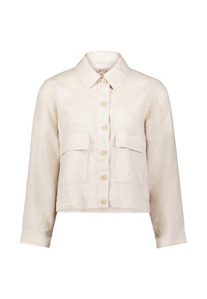 Light beige linen cropped shirt with a collar, six front buttons, and two chest pockets. Long sleeves with buttoned cuffs.