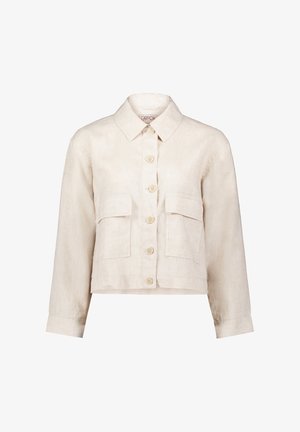 Light beige linen cropped shirt with a collar, six front buttons, and two chest pockets. Long sleeves with buttoned cuffs.