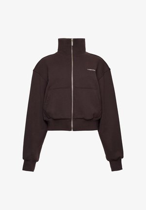 Černá krátká mikina na zip s vysokým límcem, dlouhými rukávy, bočními kapsami a malým bílým logem "LAMANIA" na hrudi.