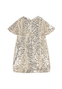 Robe à manches courtes en sequins dorés et noirs, avec une coupe ample, un col rond et un motif de sequins texturé sur l'ensemble.