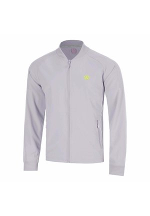 Hellgraue Jacke mit durchgehendem Reißverschluss, geripptem Kragen und Bündchen, seitlicher Reißverschlusstasche und kleinem gelbem rundem Logo auf der linken Brust.