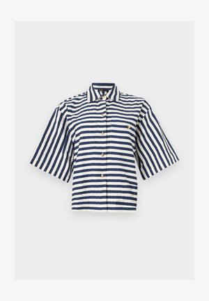 Chemise à manches courtes avec larges manches, rayures horizontales bleu marine et blanches, devant à boutons et col.