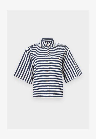 Κοντομάνικο πουκάμισο με φαρδιά μανίκια, οριζόντιες ρίγες σε ναυτικό μπλε και λευκό, κουμπιά στο εμπρός μέρος και γιακά.