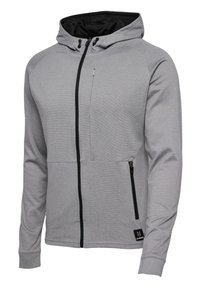 Grijze hoodie met rits en een zwart interieur, twee voorzakken met rits en een klein logo op de linkerkant van de zoom. Gemaakt van textuurstof, met een capuchon en manchetten.