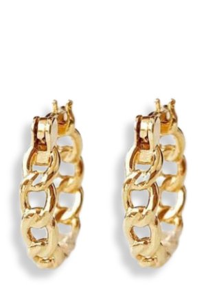 Gold hoop earrings featuring a linked chain design with a polished finish. Each earring displays a chunky shape and textured surface.