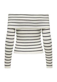 Prążkowany sweter z odkrytymi ramionami w kremowym kolorze z granatowymi poziomymi paskami. Długie rękawy i dopasowany krój. Miękka tekstura z przylegającym fasonem.