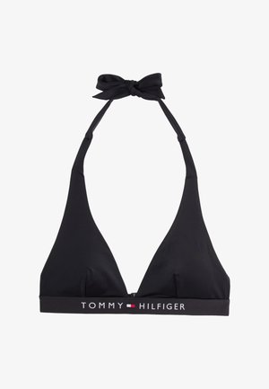 Must mustriba mustriba ülaosa, millel on kolmnurkne disain, ja logoga pael, kus on kiri "TOMMY HILFIGER", ning nööriga kinnitatav detail kaela juures.