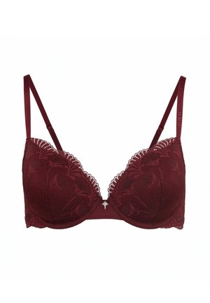 Bordeauxroter Spitzen-BH mit gewellten Kanten, gepolsterten Körbchen, verstellbaren Trägern und einem dekorativen Metallakzent in der vorderen Mitte.