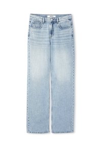 Jeans de mezclilla de color azul claro con corte recto. Con cinco bolsillos, cierre de botón y cremallera, y dobladillos sin terminar.
