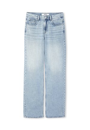 Jeans in denim azzurro chiaro con taglio a gamba dritta. Presentano cinque tasche, una chiusura con bottone e zip, e orli grezzi.