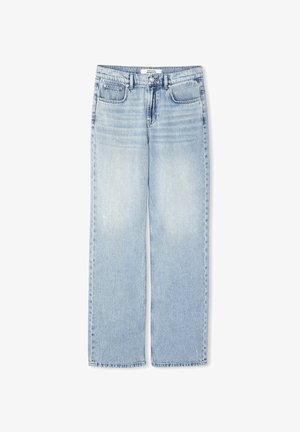 Jasnoniebieskie dżinsy o prostym kroju nogawki. Posiadają pięć kieszeni, zapięcie na guzik i zamek błyskawiczny oraz surowe wykończenie brzegów.