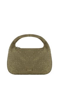 Sac tissé vert olive avec une anse arrondie, présentant une texture lisse et une forme rectangulaire. Détail de marque subtil à l'avant.