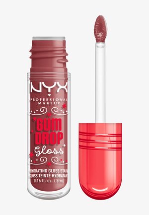 NYX Gum Drop Gloss in een doorzichtige tube met een rode dop; voorzien van een sponsapplicator en een zachte, gedempte roze tint. Inhoud 5 mL.