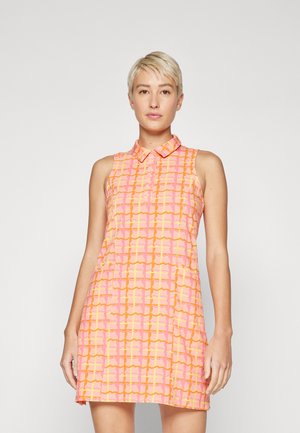 Collarless sleeveless dress in pink with yellow and orange wavy grid pattern, featuring a straight cut and mid-thigh length.