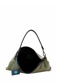 Borsa a mano in pelle verde con un esterno testurizzato, fodera interna nera, chiusura con zip e un piccolo etichetta blu attaccata alla zip.