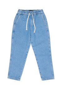 Jasnoniebieskie dresowe spodnie dżinsowe z elastycznym pasem ze sznurkiem, bocznymi kieszeniami i zwężanymi nogawkami. Teksturowany materiał.