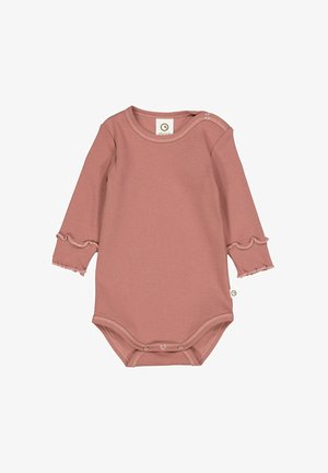 Langarm-Bodysuit aus ribbeligem Stoff in staubigem Rosaton mit gewelltem Saum und Druckknöpfen an der Schulter und am Boden für ein einfaches Ankleiden.