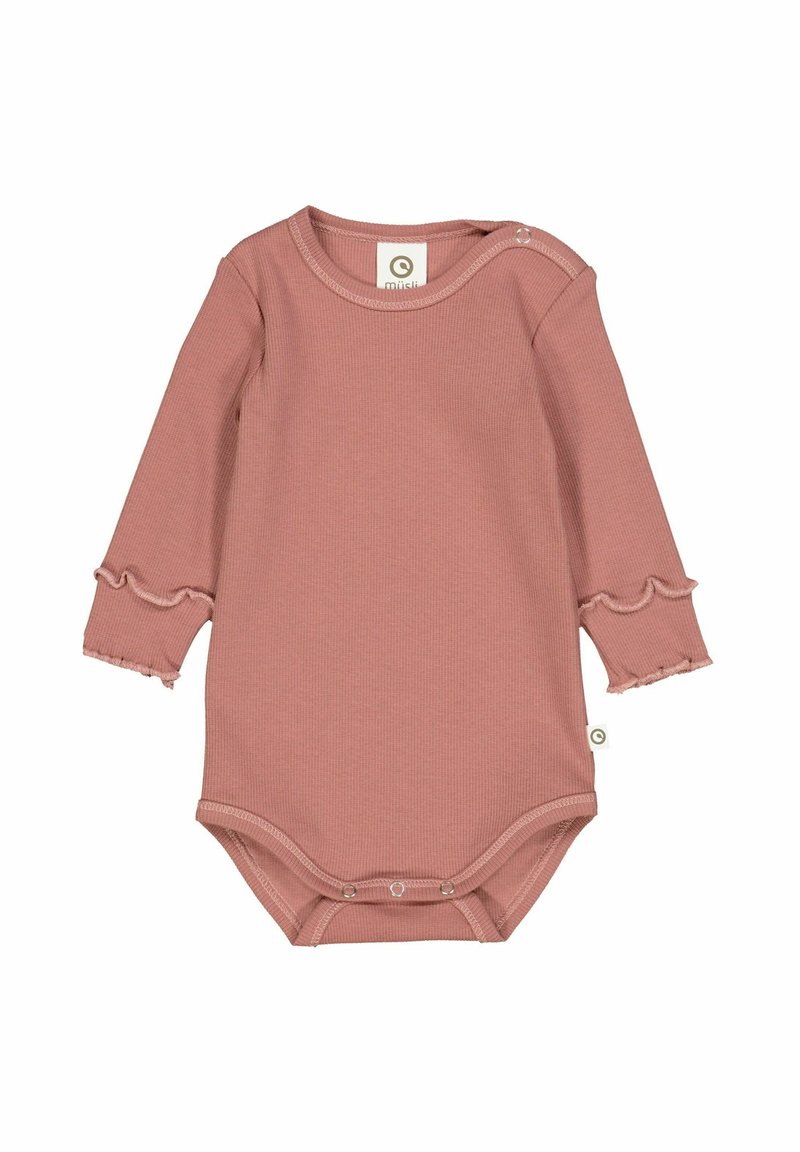 Body z długim rękawem w kolorze przybrudzonego różu z prążkowanej tkaniny, ozdobiony falbaniastym wykończeniem oraz zatrzaskami na ramionach i na dole, ułatwiający zakładanie.