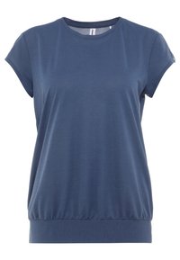 Blouse bleue à manches courtes avec encolure ras du cou et taille cintrée, fabriquée à partir d'un tissu léger et doux.
