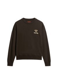 Felpa in cotone marrone con collo rotondo, maniche lunghe, polsini e orlo a coste. Presenta ricami color crema con la scritta "UNION MFG" e "Superdry".