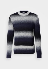 Strickpullover in Dunkelblau und Grau mit horizontalen Streifen. Rundhalsausschnitt, lange Ärmel, weiche Textur und gerippte Bündchen.