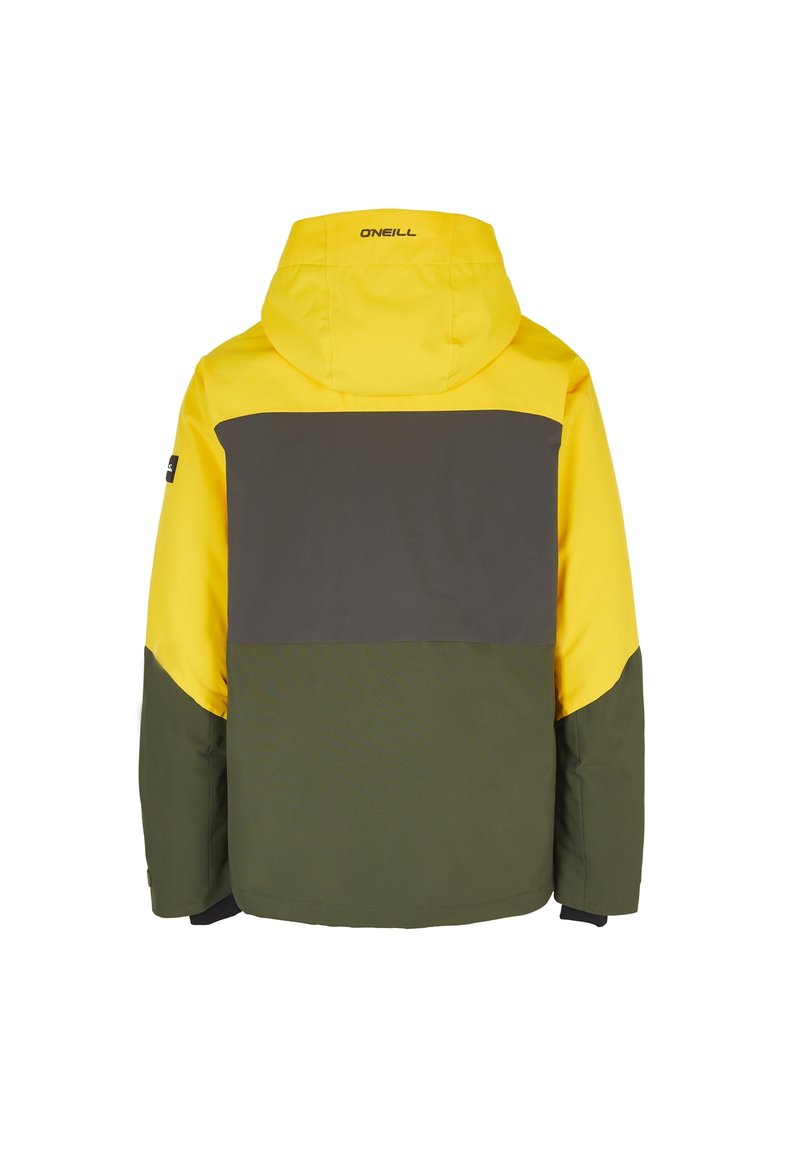 Żółta, szara i zielona kurtka ocieplana z kapturem. Projekt w blokach kolorystycznych z dużą górną, żółtą sekcją i kontrastującymi dolnymi sekcjami.