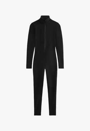 Čierny overal na celé telo vyrobený z elastickej látky, s vysokým golierom a predným zipsom. Hladká textúra s priliehavým strihom.