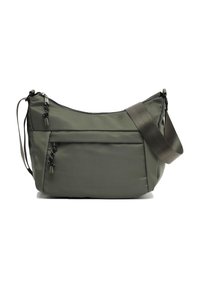 Borsa a tracolla verde in nylon con forma curvata, spallaccio regolabile, tasca anteriore con cerniera e cuciture a contrasto sulla cerniera. Texture liscia.