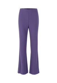 Purple flared trousers made of stretchy fabric, featuring a smooth texture, waistband, and subtle seams along the front.