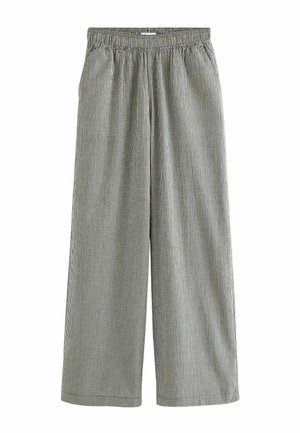 Hose mit weitem Bein in einem schwarz-weißen Vichy-Karomuster, ausgestattet mit einem elastischen Bund und einem leichten, strukturierten Stoff.