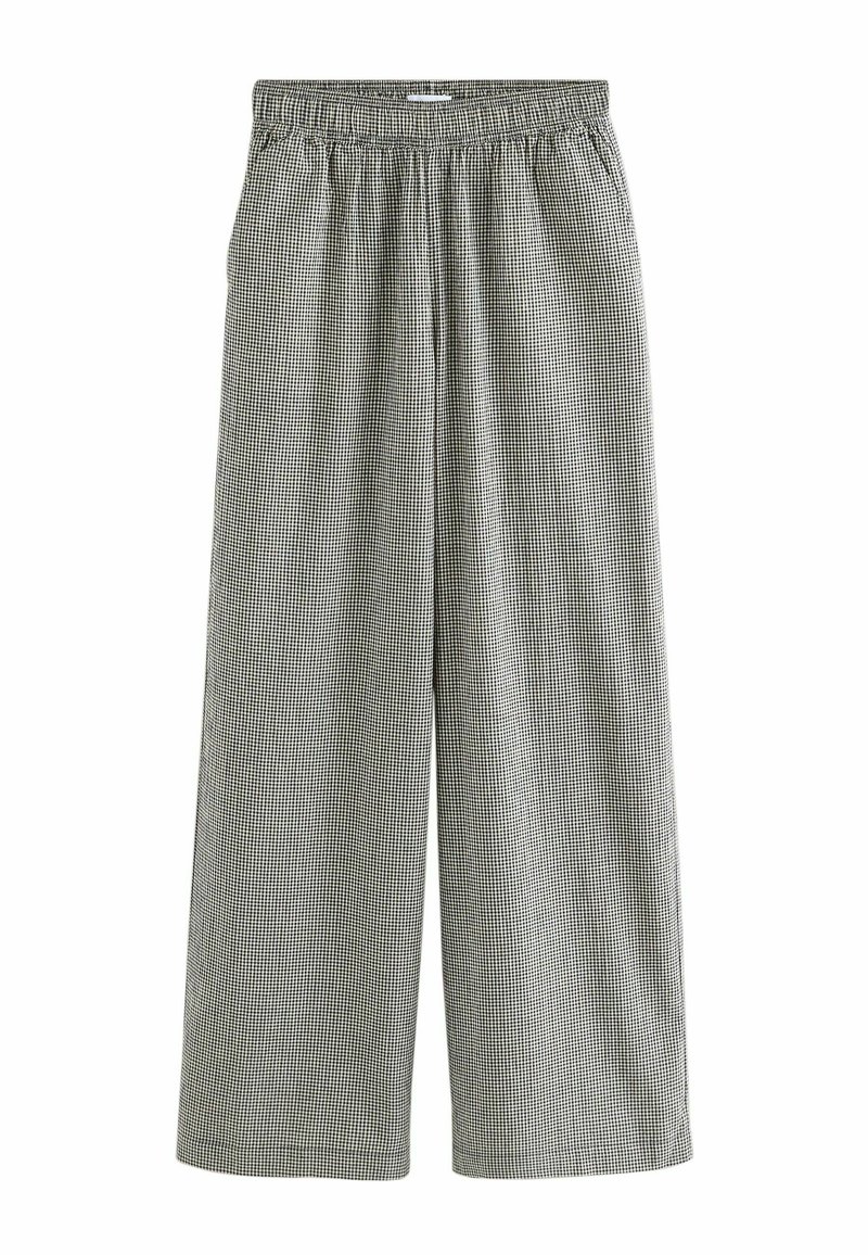Wide-leg trousers in a black and white gingham pattern, featuring an elastic waistband and a lightweight, textured fabric.