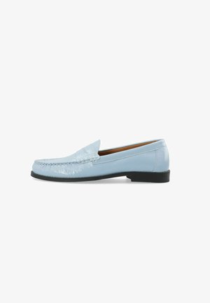 Light blue patent leather loafers with a stitched design, flat black sole, and a slightly raised heel. Smooth texture, simple silhouette.