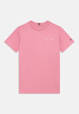 Rosa Baumwoll-T-Shirt mit Rundhalsausschnitt, kurzen Ärmeln und bedrucktem Logo. Verfügt über dezente Nähte und Markenakzente an den Ärmeln.