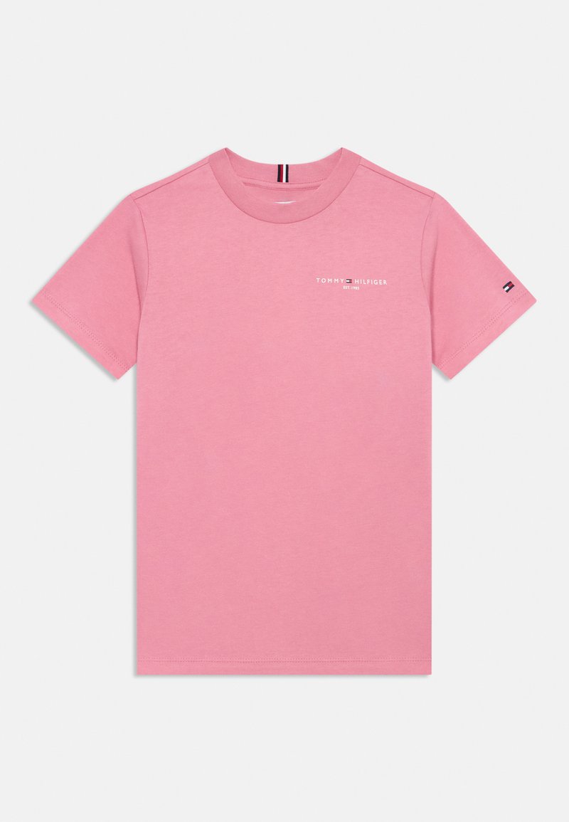 T-shirt de algodão rosa com decote redondo, mangas curtas e logotipo impresso. Apresenta costuras subtis e detalhes da marca nas mangas.