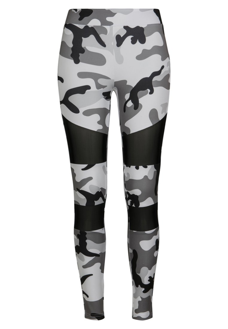 Grå kamuflasje leggings med svarte mesh-detaljer og blank finish. Fitted design med høy midje og kontrasterende bandede seksjoner.