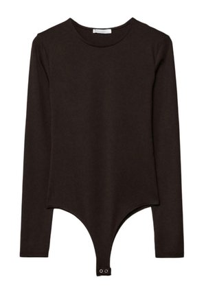 Brauner langärmliger Body aus weichem Stoff, mit rundem Ausschnitt und Knopfverschluss am unteren Ende für einen sicheren Sitz.